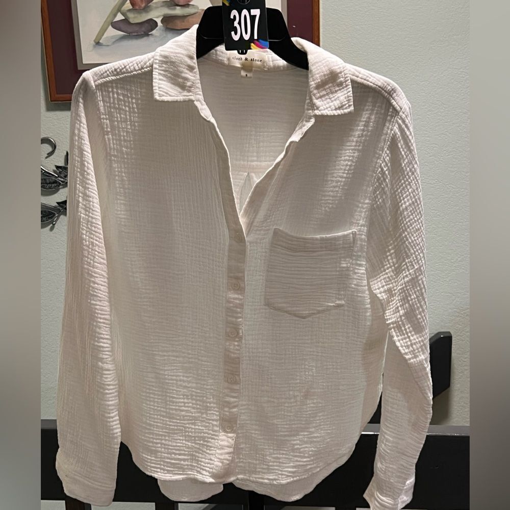 EUC Cloth & Stone Long Sleeve White Button Down Quilted Top Size Small #307